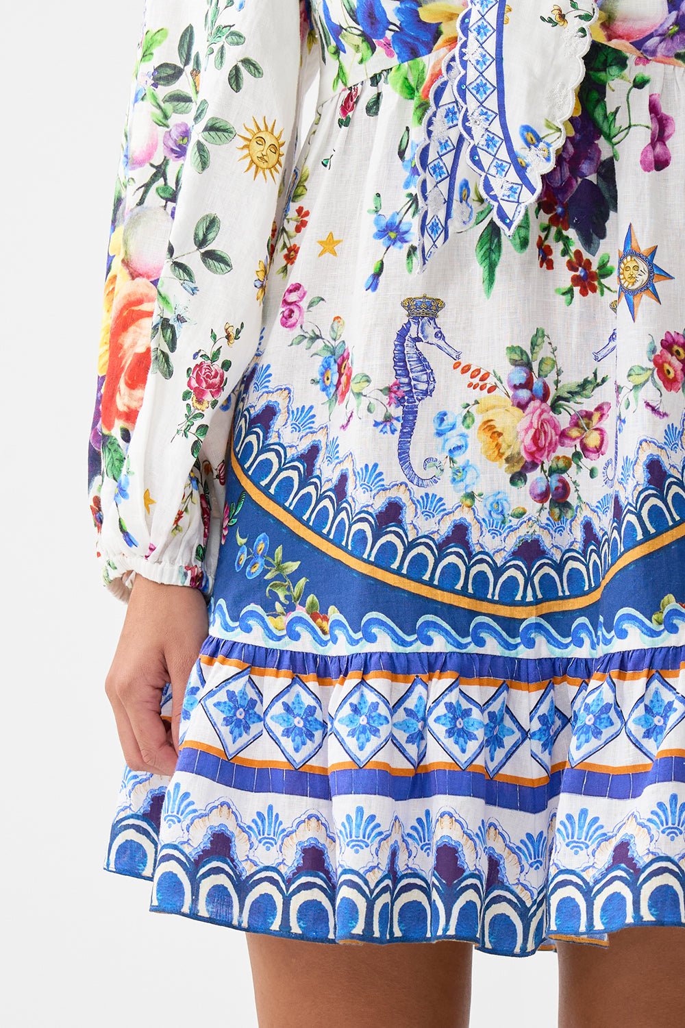 The CAMILLA Short Tie Front Blouson Dress in our Tiles Darls print.