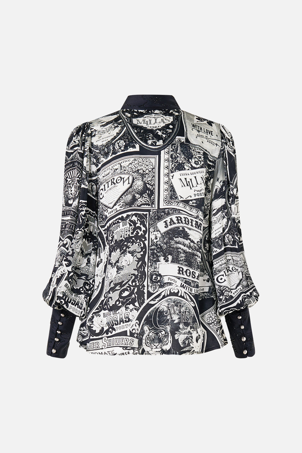 The CAMILLA Blouson Sleeve Blouse With Button Collar in our Perfumed In Porto print.