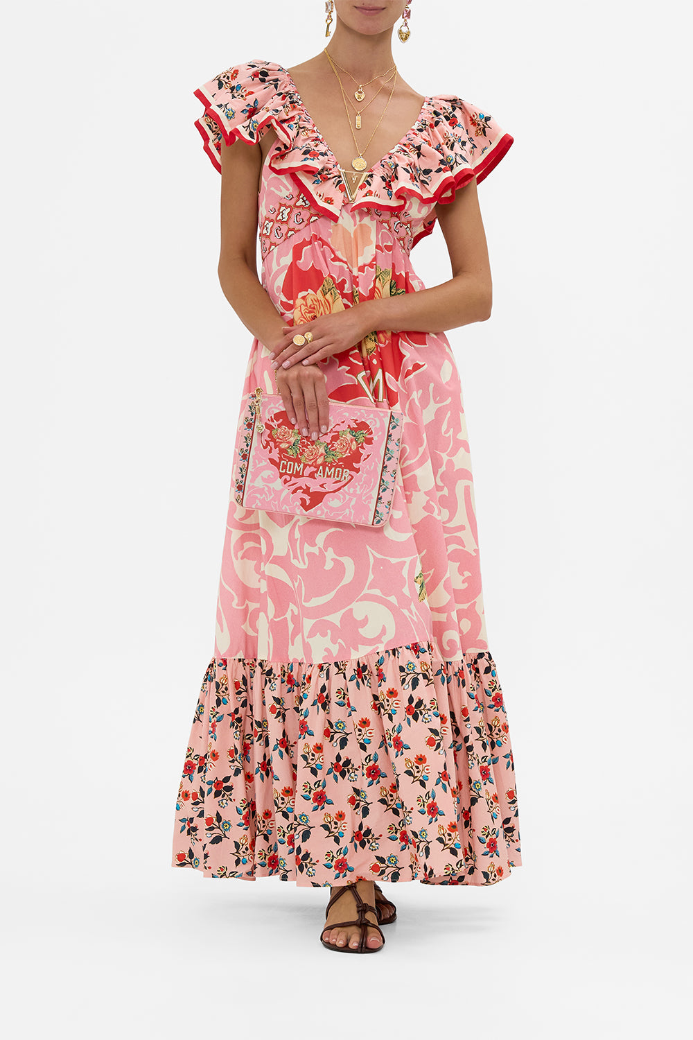 The CAMILLA Frill Neck Dress With Hardware in our Pink Porto print.