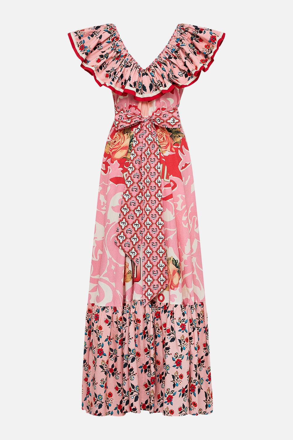 The CAMILLA Frill Neck Dress With Hardware in our Pink Porto print.