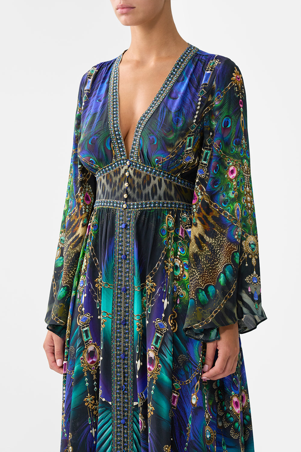 The CAMILLA Kimono Sleeve Dress With Shirring Detail in our Dominican Decadence print.