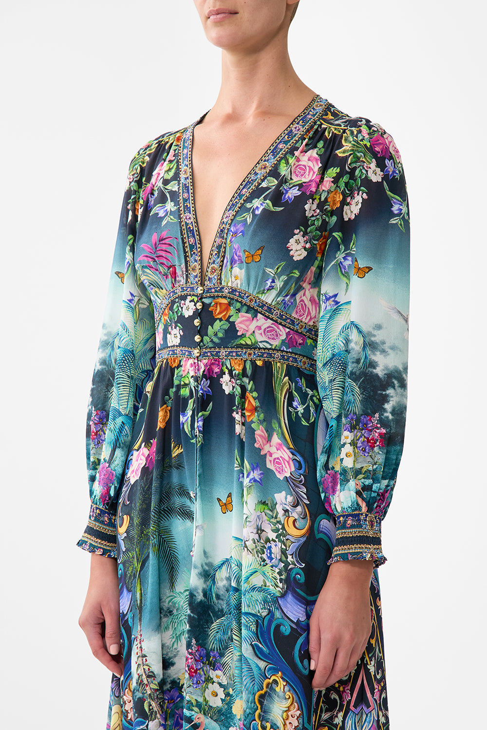 The CAMILLA Button Dress With Shaped Waistband in our Basked In Baroque print.