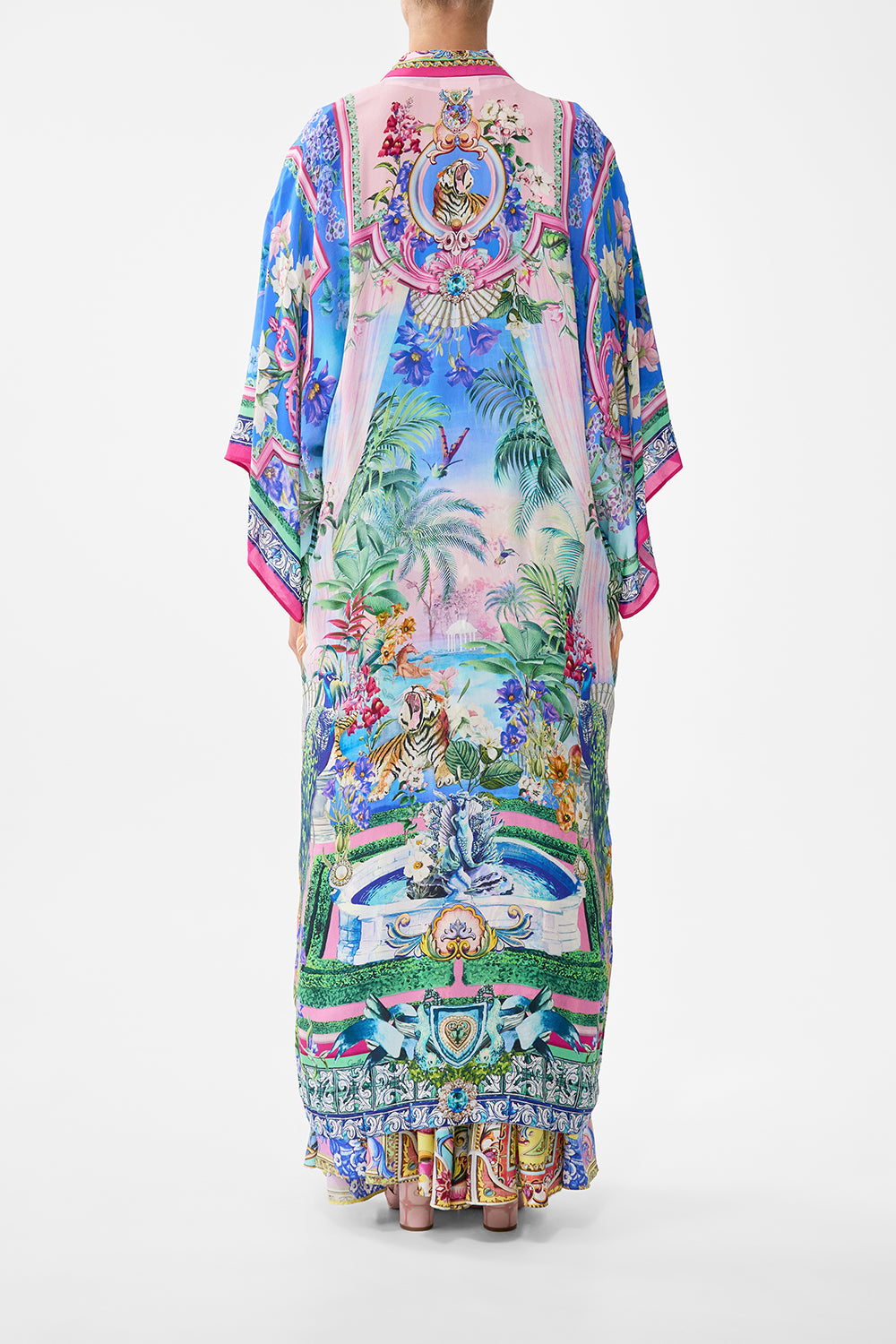 The CAMILLA Kimono Layer With Collar in our Spirit Of Santa Maria print.
