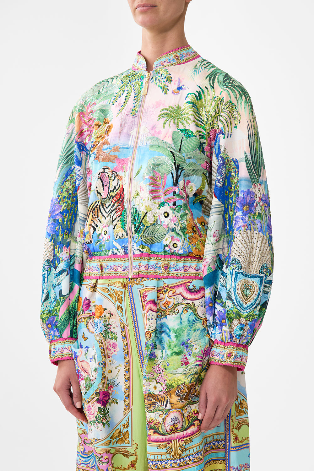 The CAMILLA Blouson Sleeve Bomber in our Spirit Of Santa Maria print.