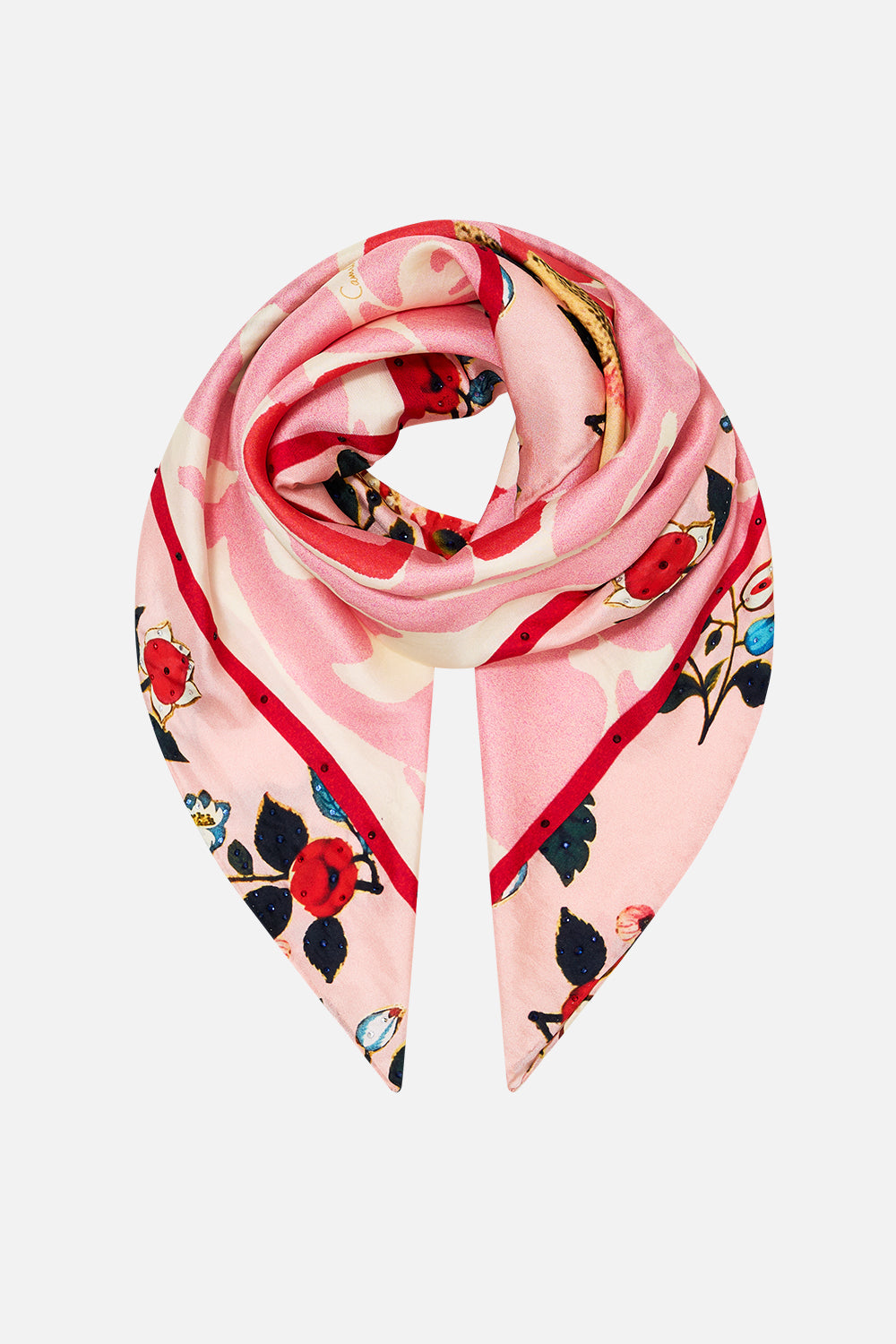 The CAMILLA Large Crystalled Silk Square Scarf in our Pink Porto print.