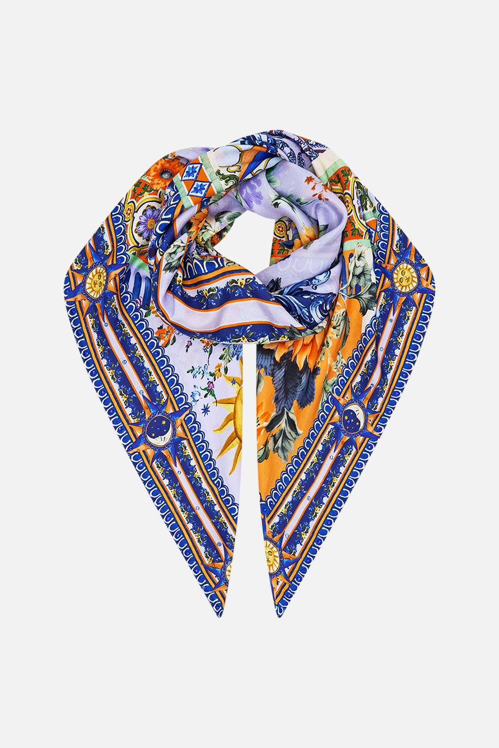 The CAMILLA Large Crystalled Silk Square Scarf in our Luscious In Lisbon print.