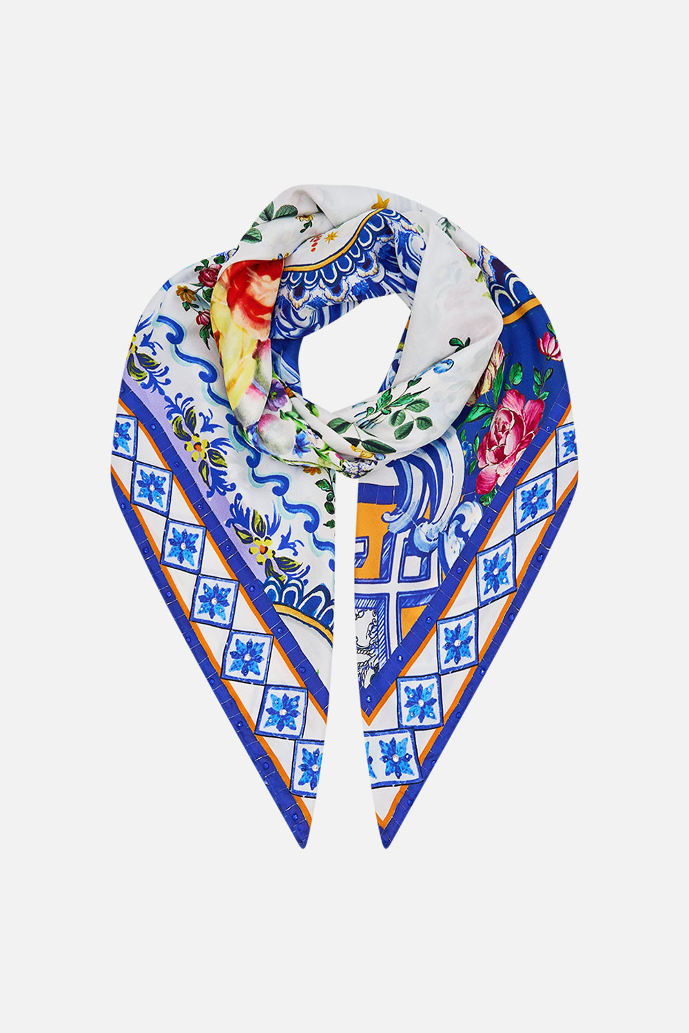 The CAMILLA Large Crystalled Silk Square Scarf in our Tiles Darls print.