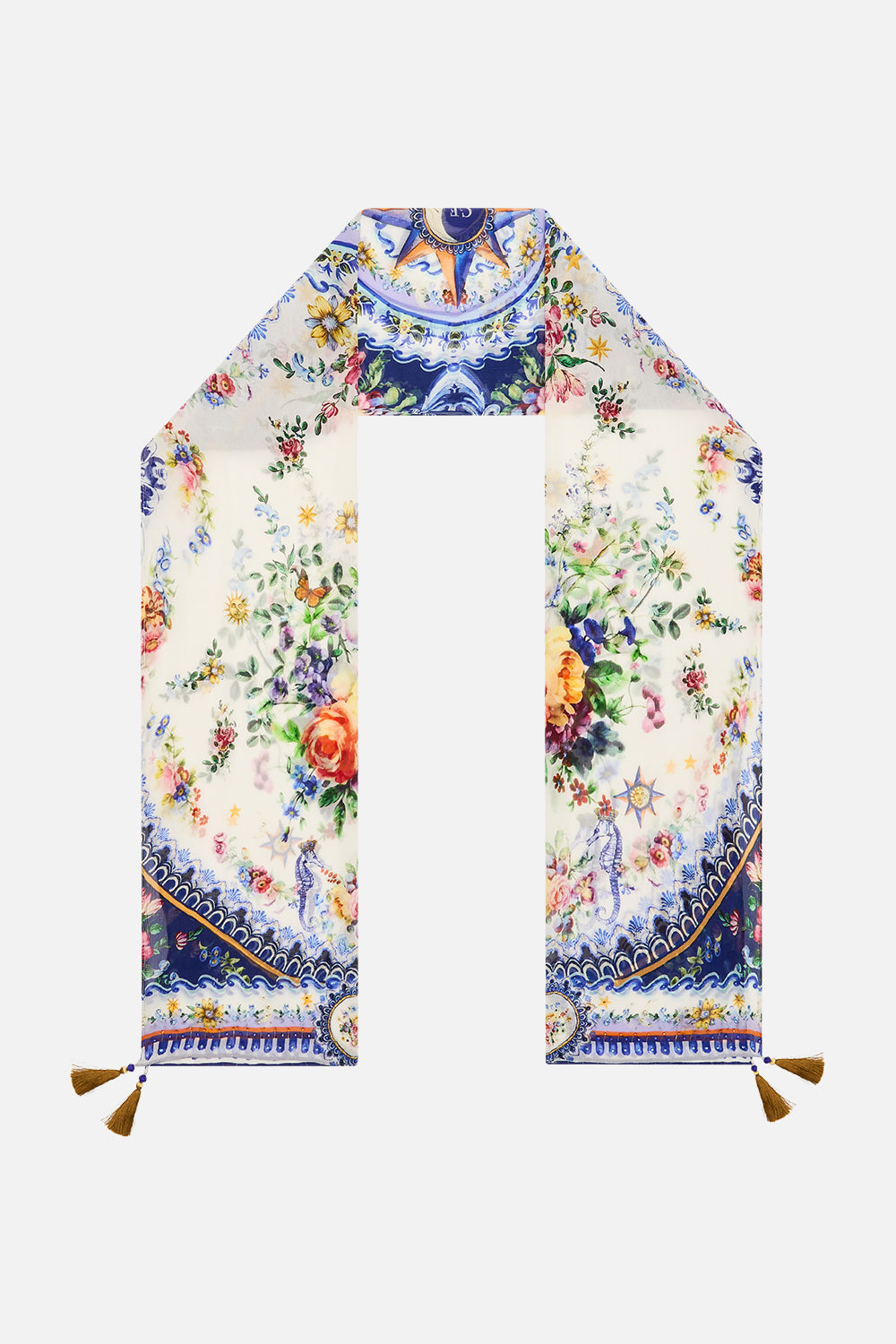 The CAMILLA Long Silk Crinkle Chiffon Scarf in our Tiles Darls print.