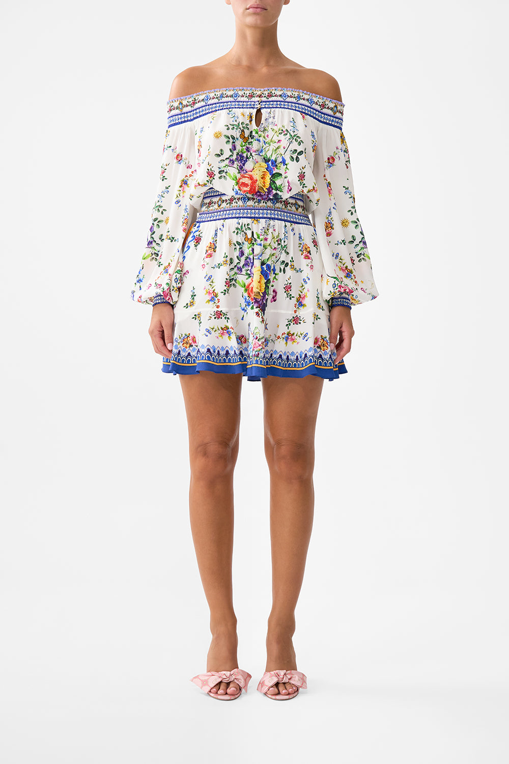 The CAMILLA Off Shoulder Short Dress in our Tiles Darls print.