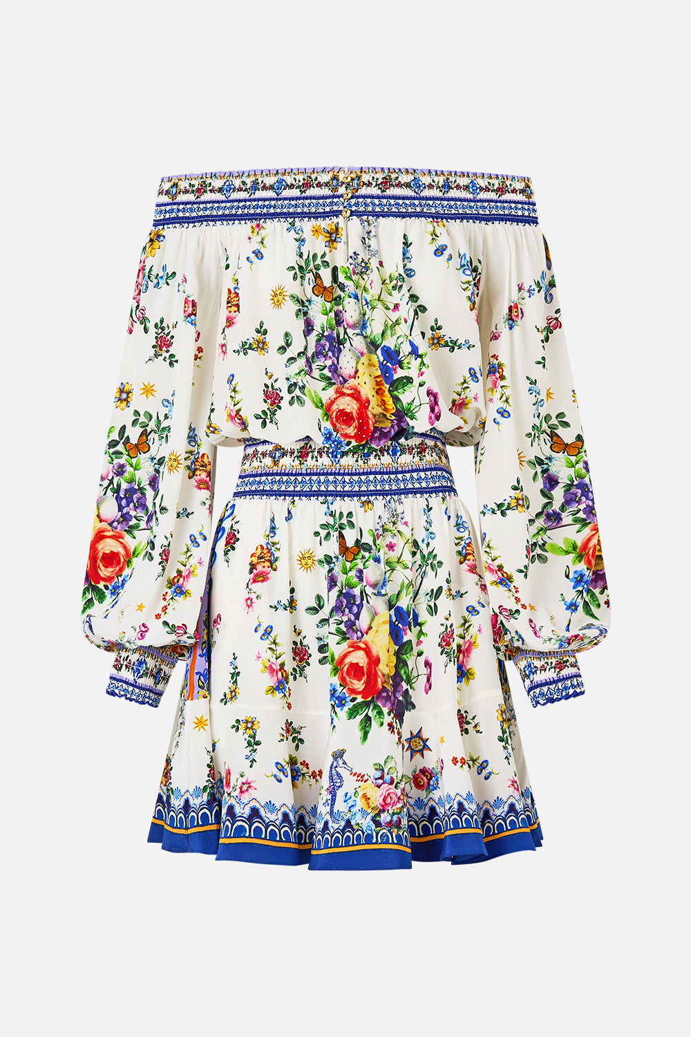 The CAMILLA Off Shoulder Short Dress in our Tiles Darls print.