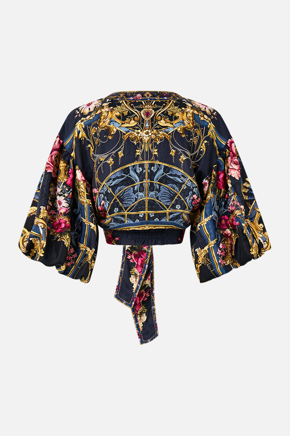 The CAMILLA Tie Front Puff Sleeve Top in our Ornate On A Plate print.