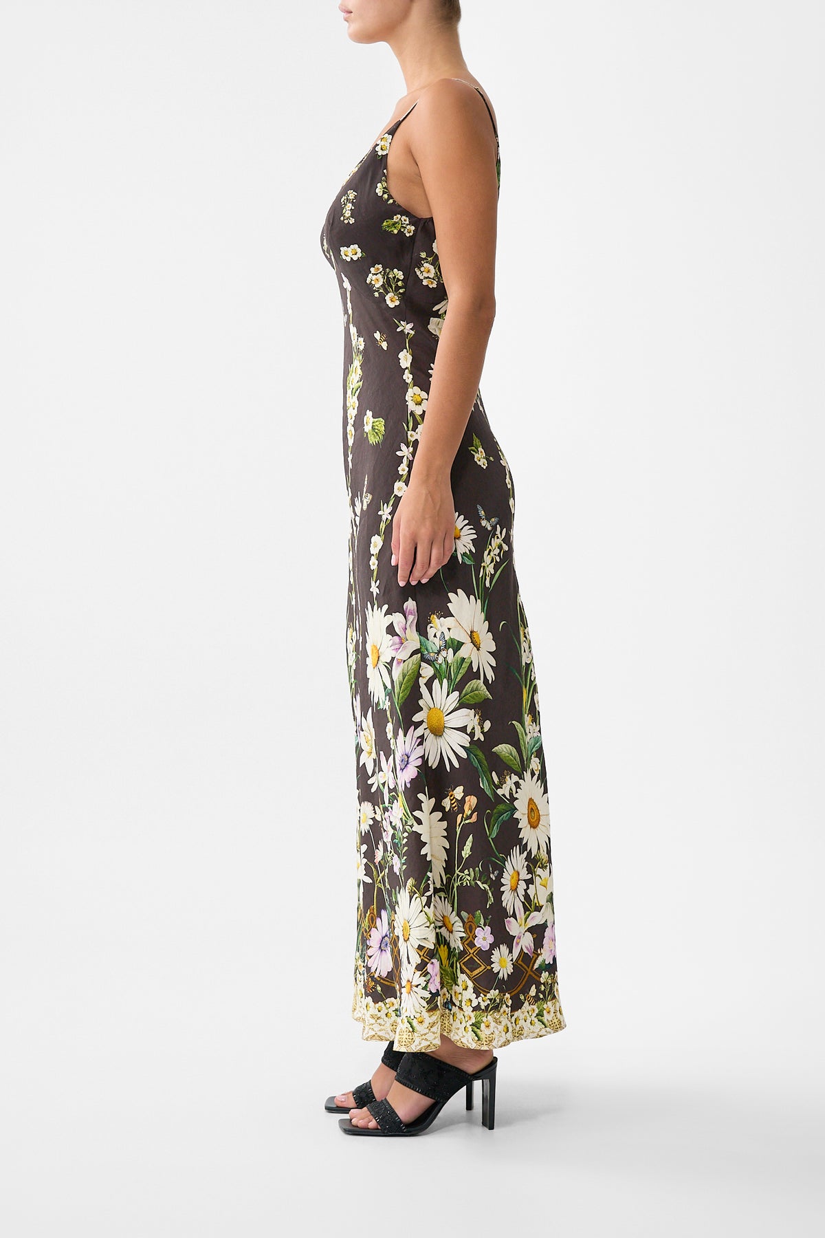 The CAMILLA V Neck Full Length Bias Slip Dress in our Dish It, Daisy print.
