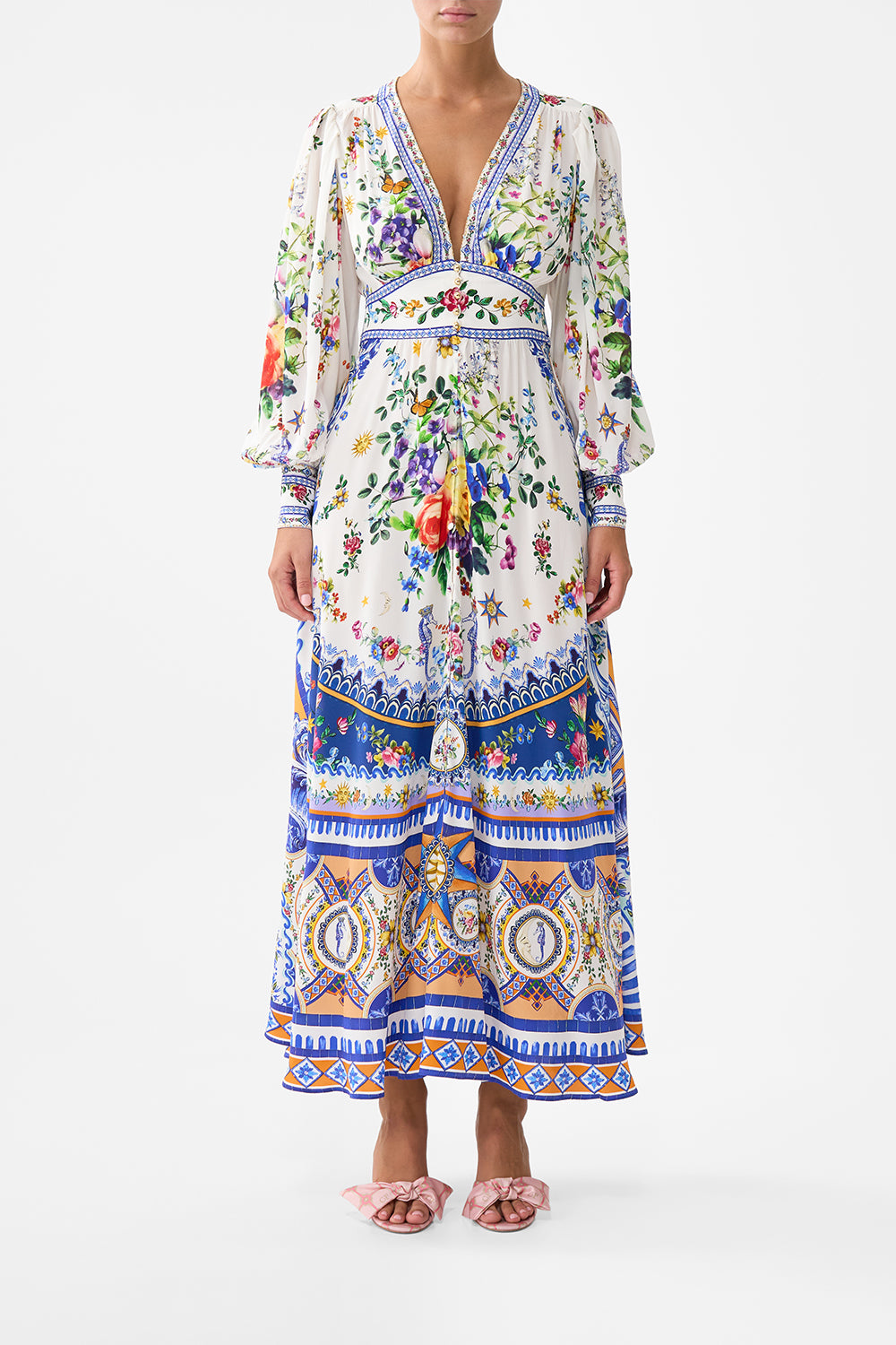 The CAMILLA Shaped Waistband Dress With Gathered Sleeves in our Tiles Darls print.