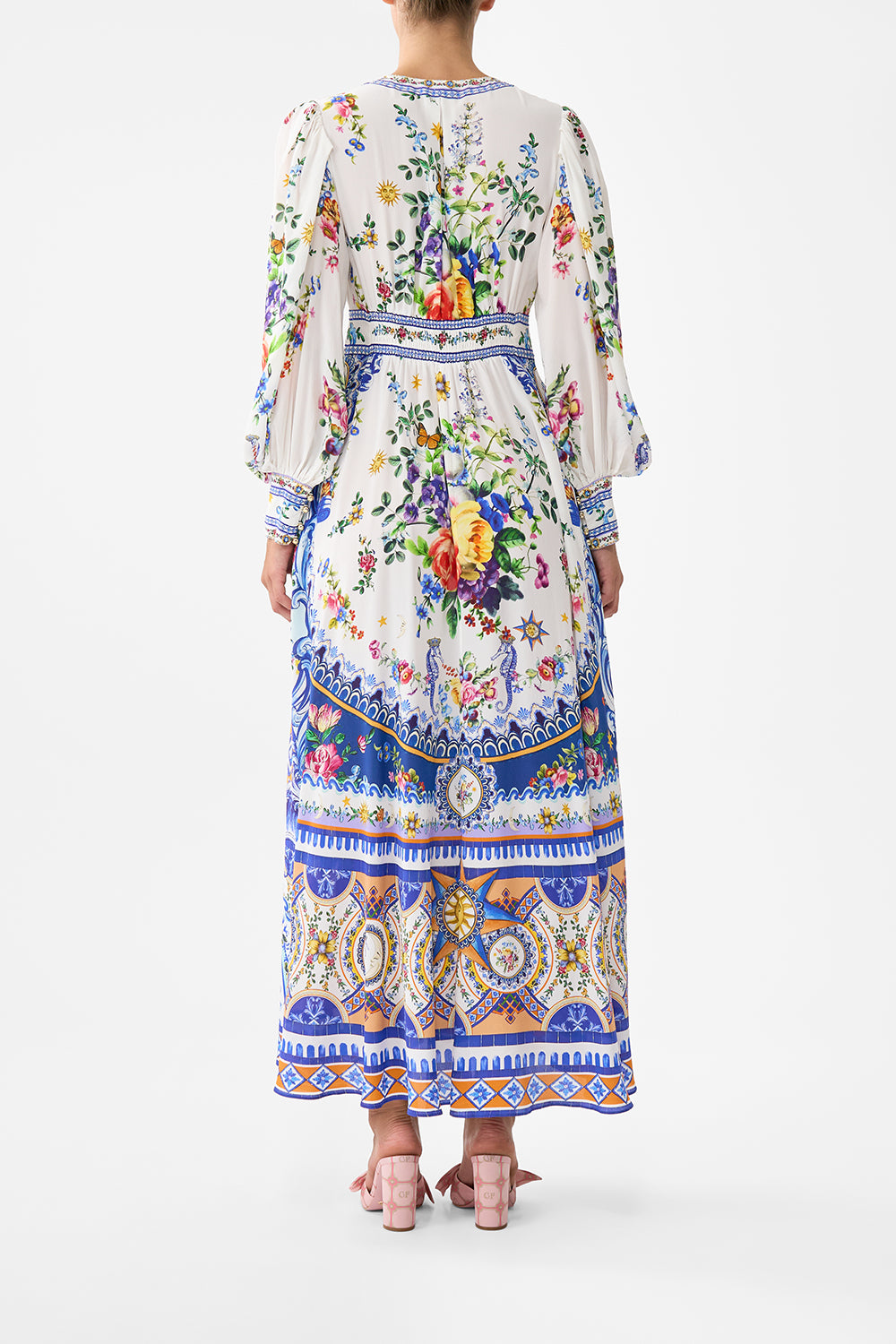 The CAMILLA Shaped Waistband Dress With Gathered Sleeves in our Tiles Darls print.