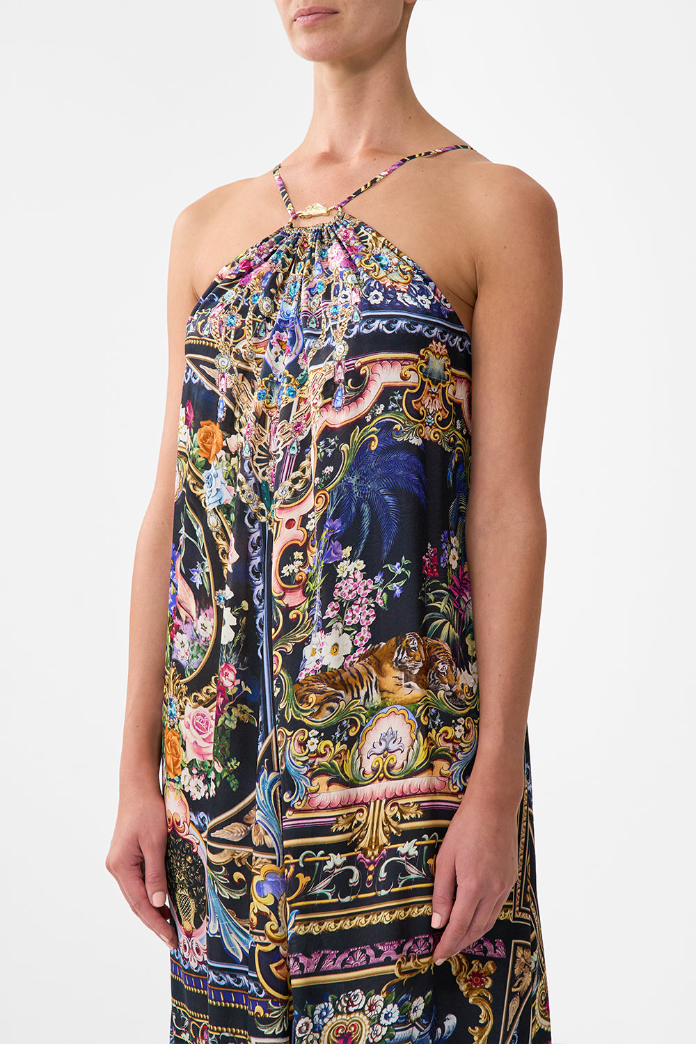 The CAMILLA Gather Neck Hardware Maxi Dress in our Basked In Baroque print.