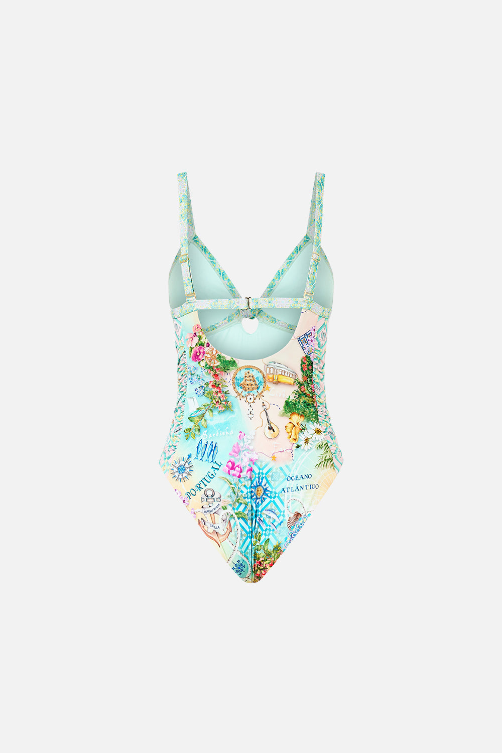 The CAMILLA Ruched Panelled Tri One Piece W Knot Front in our Just Coasting print.