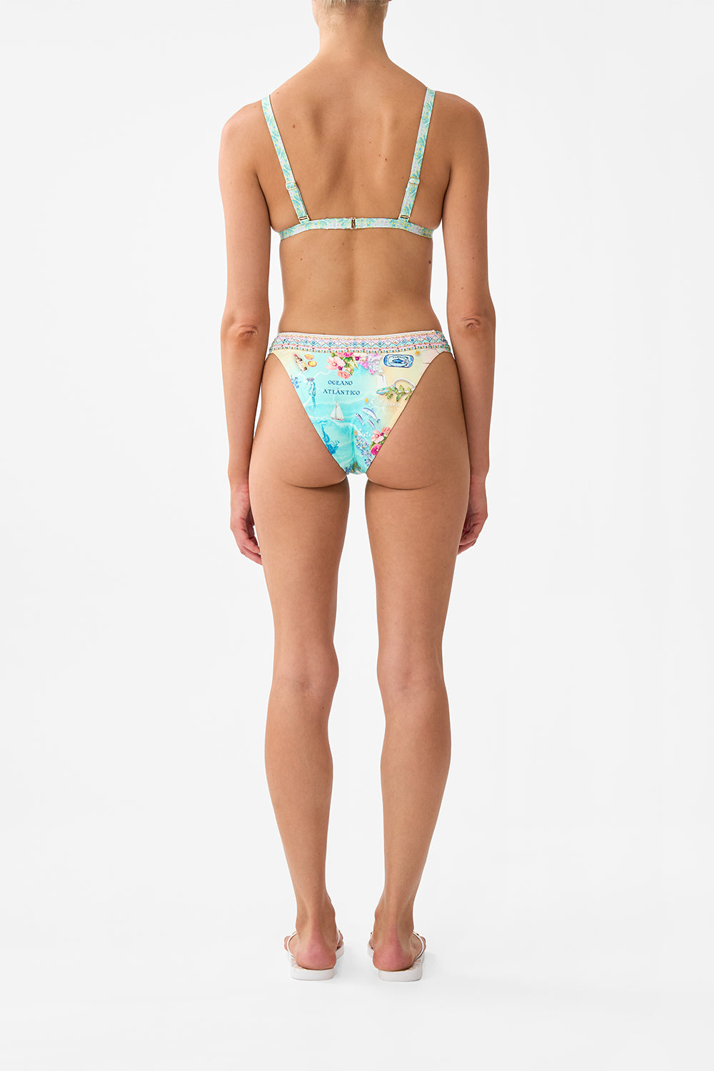 The CAMILLA Tri Bikini Top With Knot Front in our Just Coasting print.