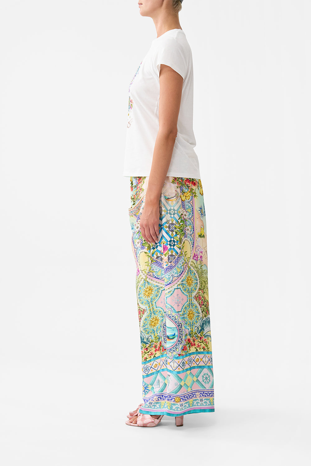 The CAMILLA Slim Fit Round Neck T-Shirt - White in our Just Coasting print.