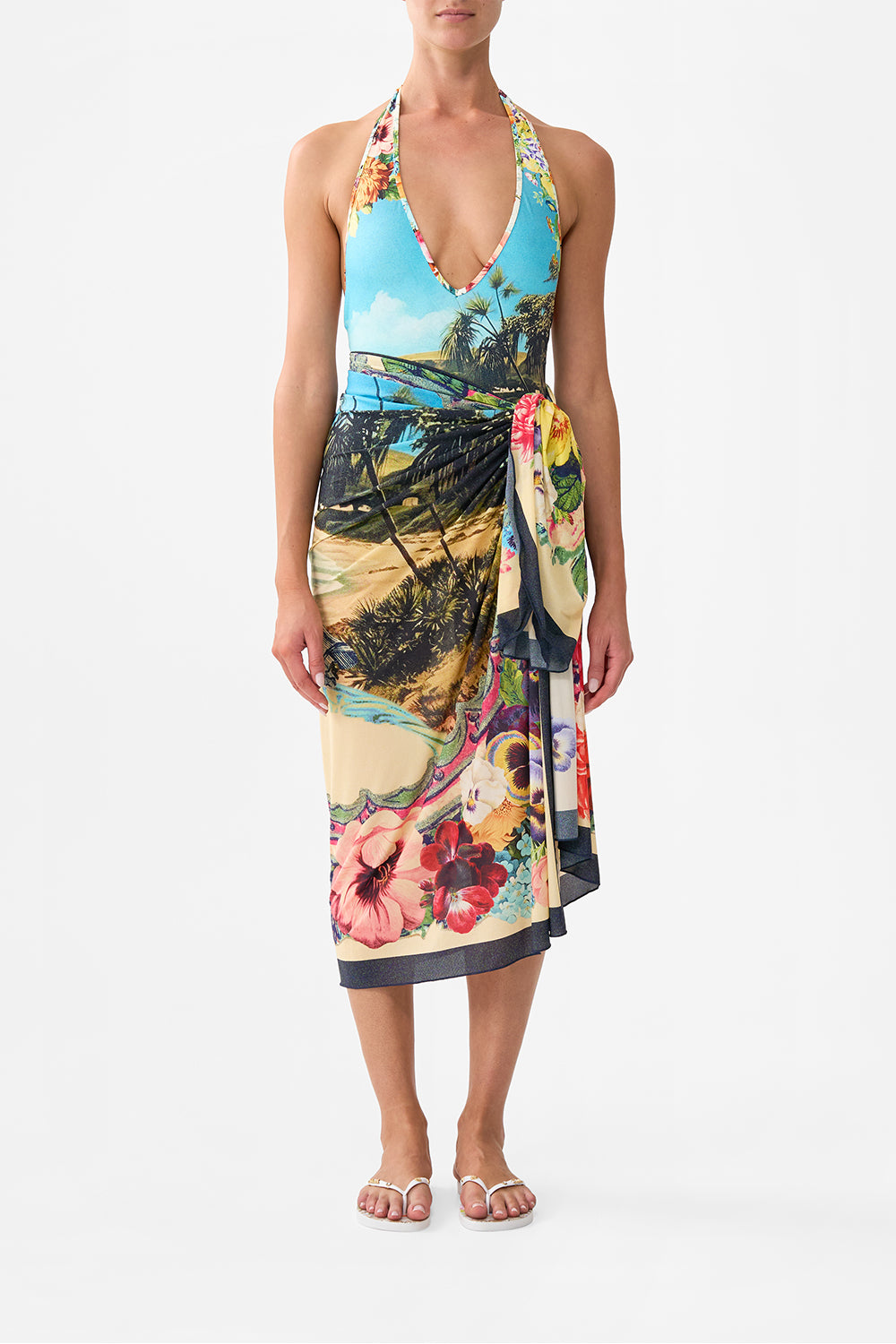 The CAMILLA Reversible Bind Edge V Neck Halter One Piece in our Bathing Bombshell print.