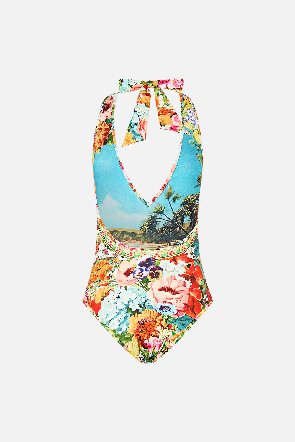 The CAMILLA Reversible Bind Edge V Neck Halter One Piece in our Bathing Bombshell print.