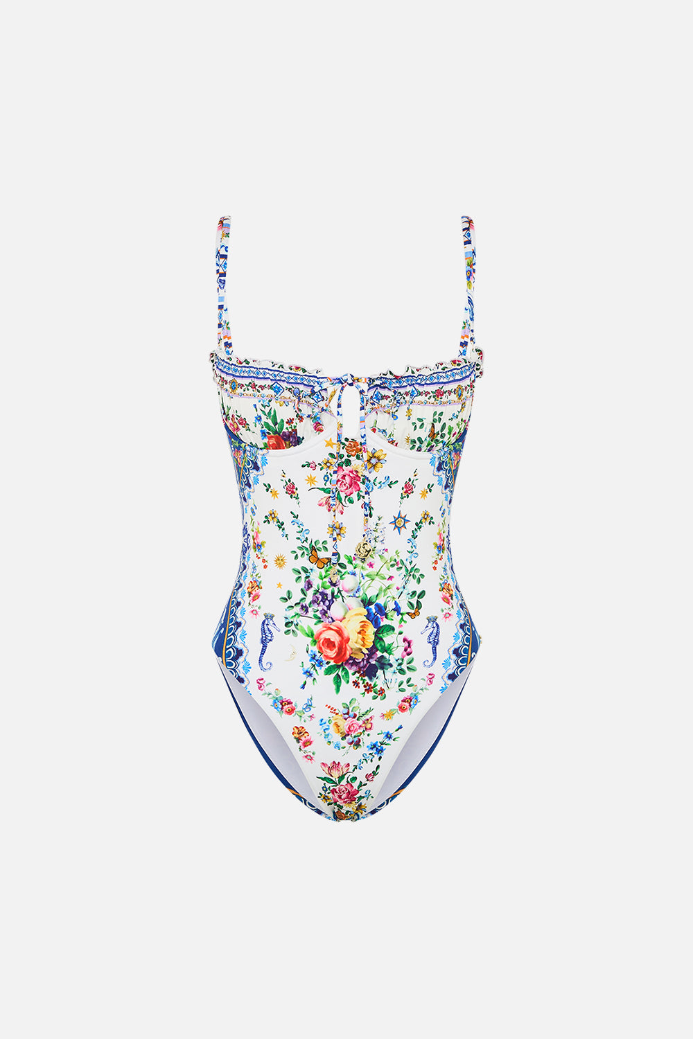 The CAMILLA Ruched Cup Underwire One Piece W Tie Front in our Tiles Darls print.