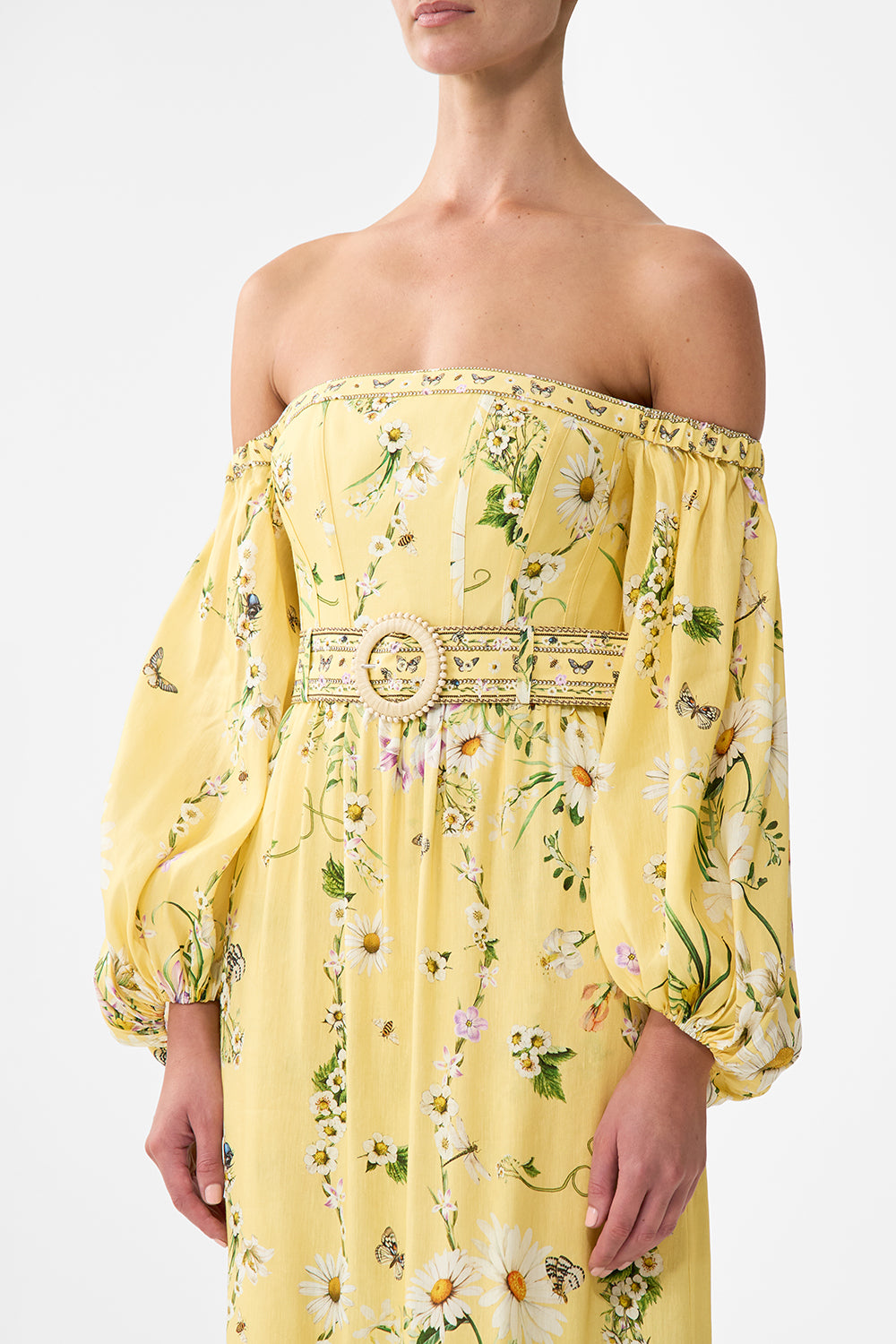 The CAMILLA Puff Sleeve Corset Dress in our Daisy Chains print.