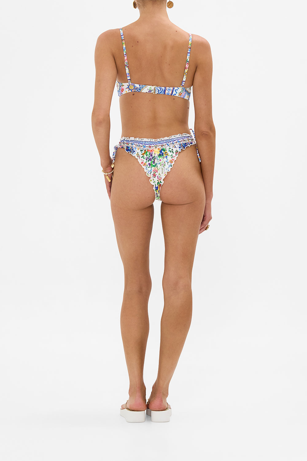 The CAMILLA Ruched Skimpy Bikini Bottom With Tie Sides in our Tiles Darls print.