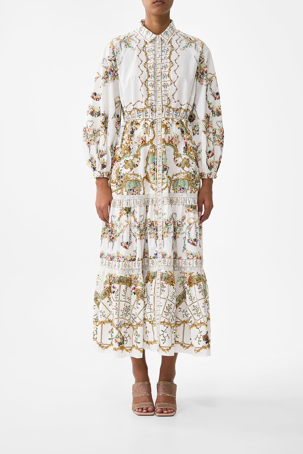 The CAMILLA Tiered Long Shirt Dress in our Dressing Room Drama print.