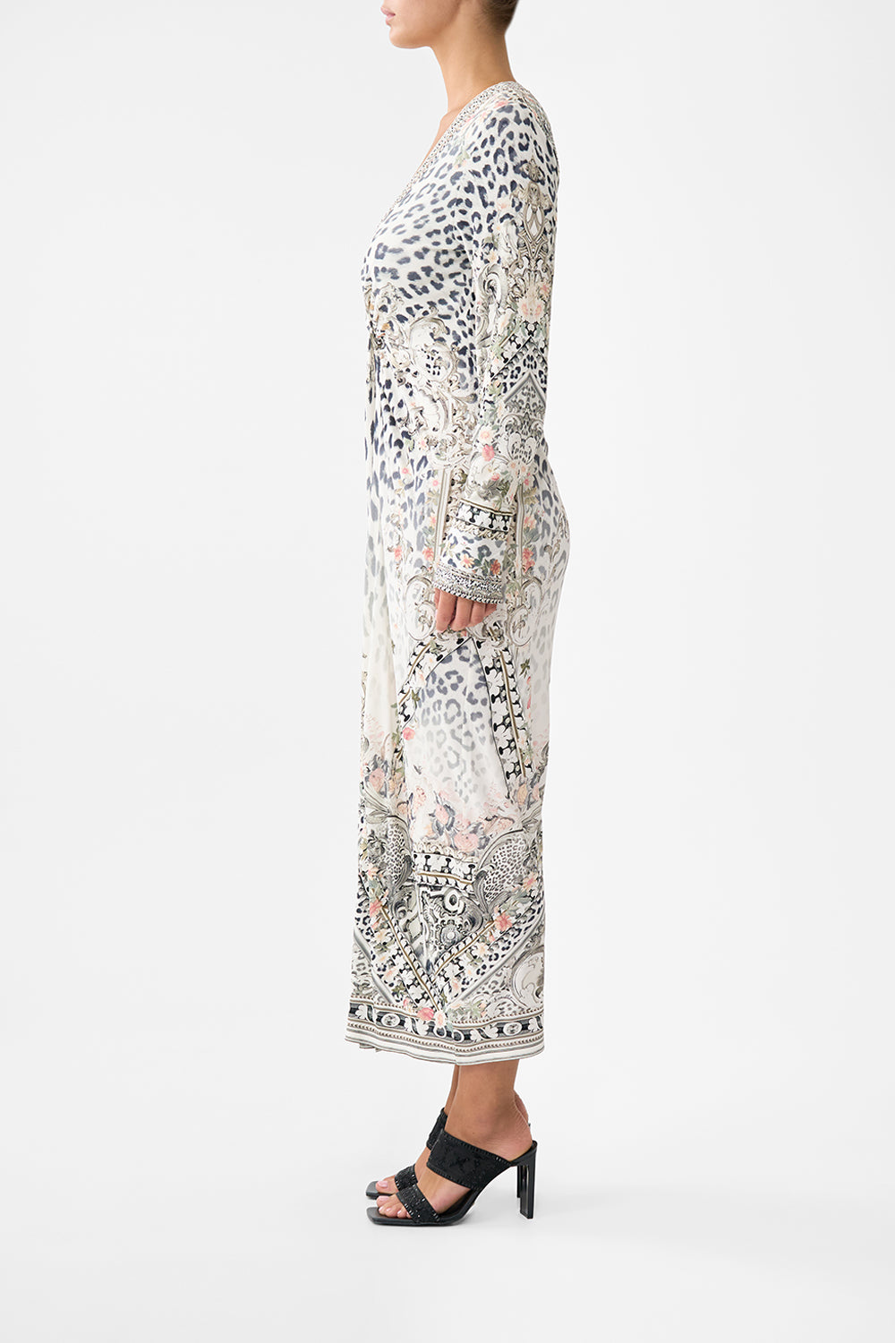 The CAMILLA Long V Neck Twist Front Jersey Dress in our Marble Heaven print.