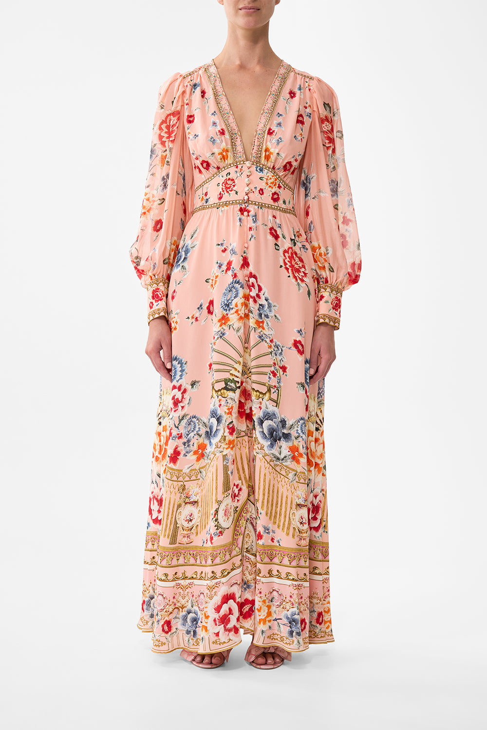 The CAMILLA Shaped Waistband Dress With Gathered Sleeves in our Majestic Milla print.