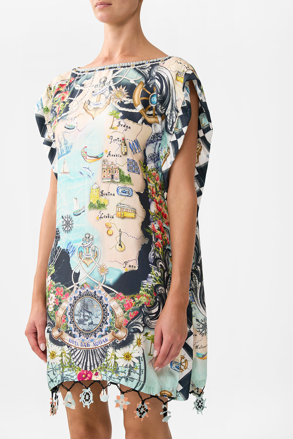 The CAMILLA Gusset Tunic Short Kaftan in our Folk Afloat print.