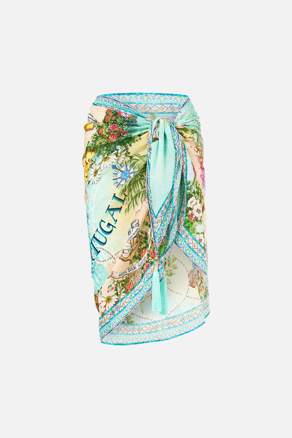 The CAMILLA Woven Short Sarong With Tassels in our Just Coasting print.