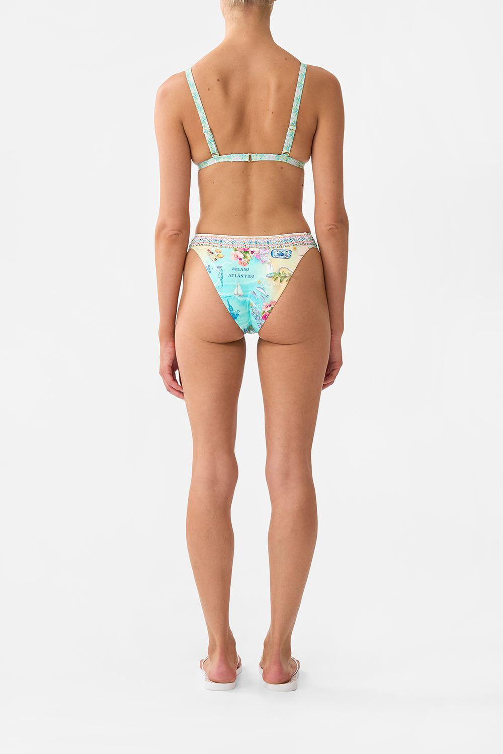 The CAMILLA Regular Bikini Bottom With Ruched Knot Sides in our Just Coasting print.