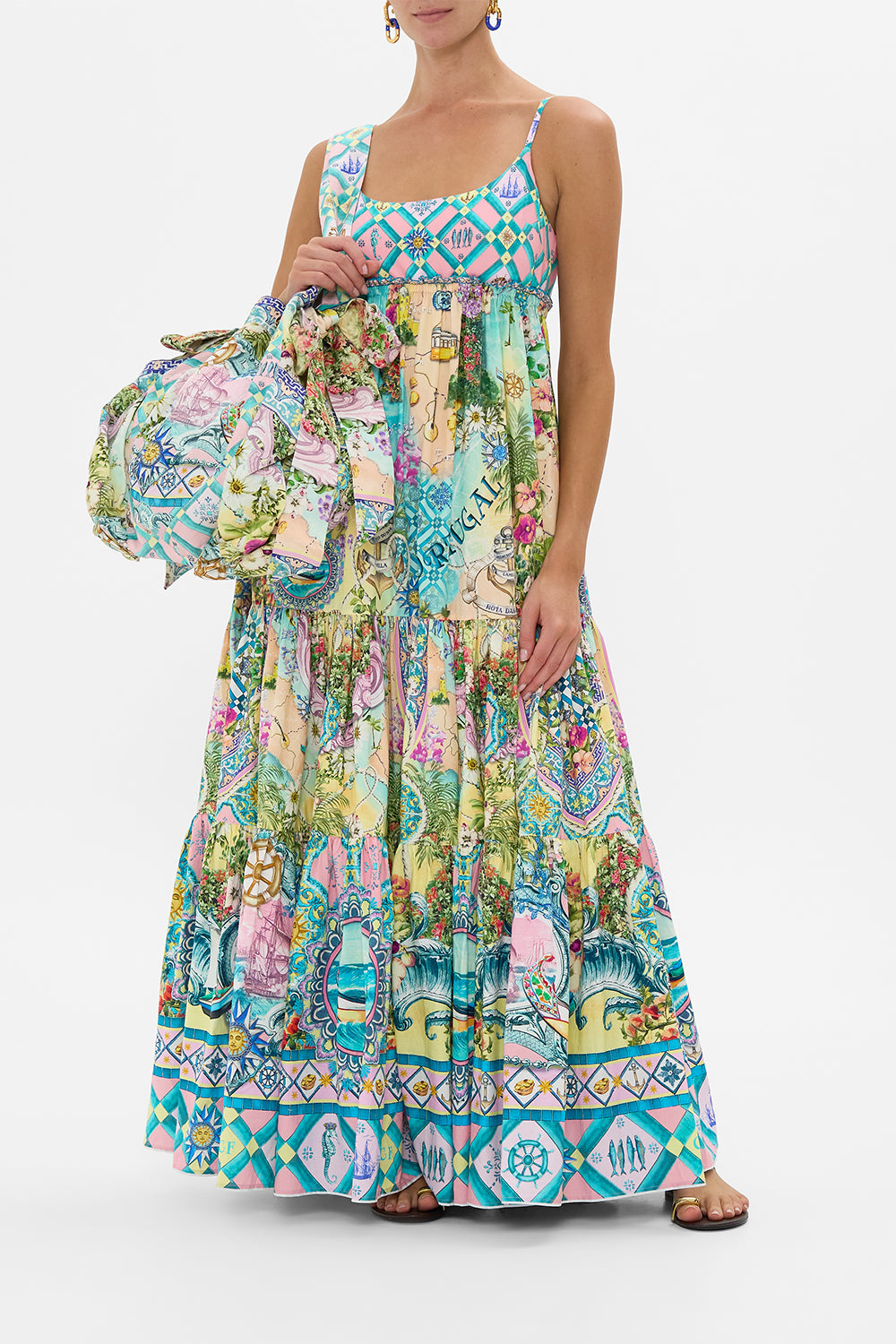 The CAMILLA Drawstring Bow Beach Bag in our Just Coasting print.