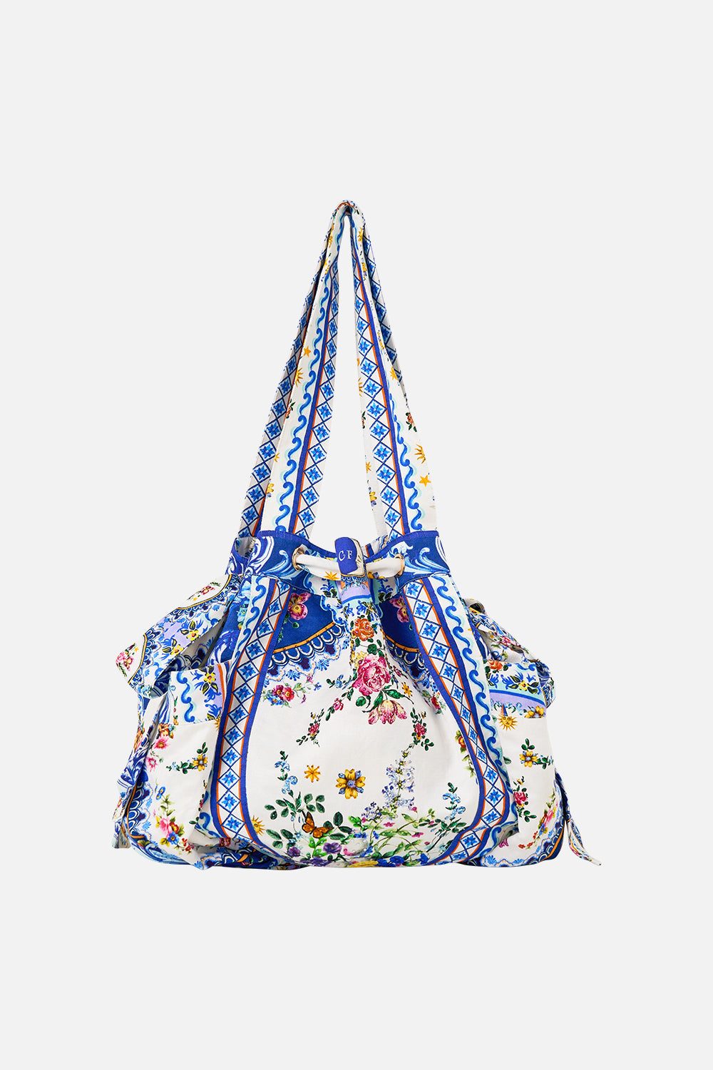 The CAMILLA Drawstring Bow Beach Bag in our Tiles Darls print.