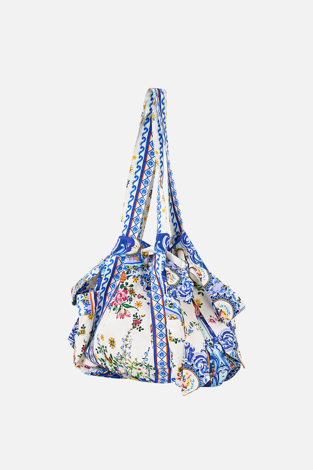 The CAMILLA Drawstring Bow Beach Bag in our Tiles Darls print.