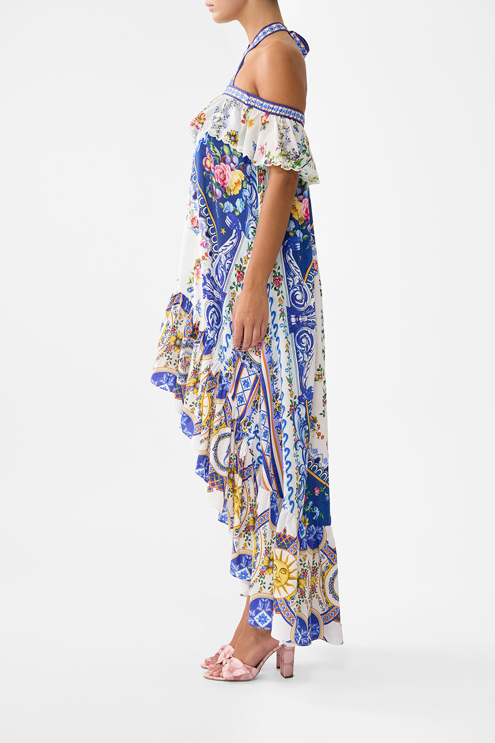 The CAMILLA Off Shoulder Shaped Hem Dress in our Tiles Darls print.