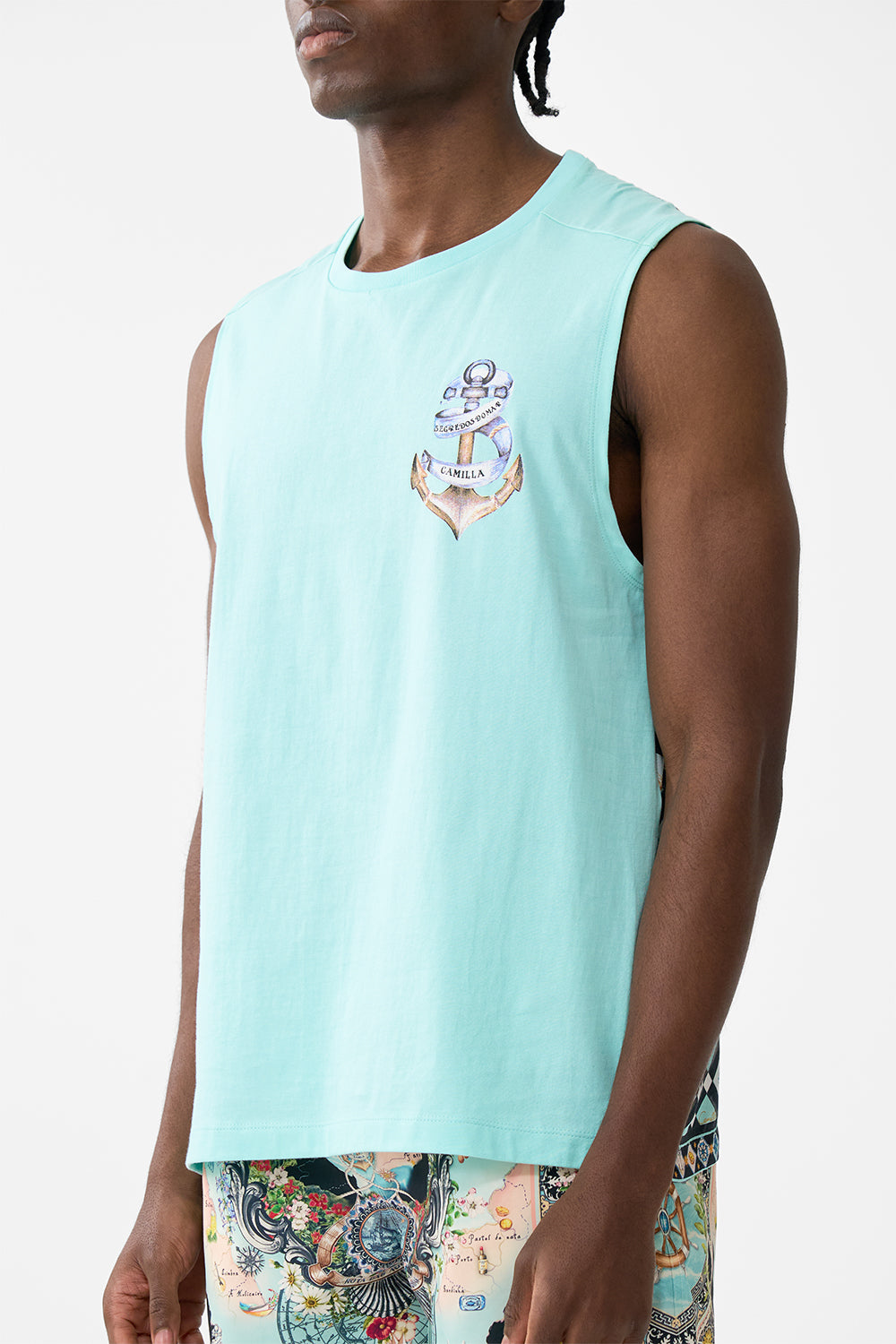 The CAMILLA Relaxed Fit Tank With Silk Contrast Back in our Folk Afloat print.