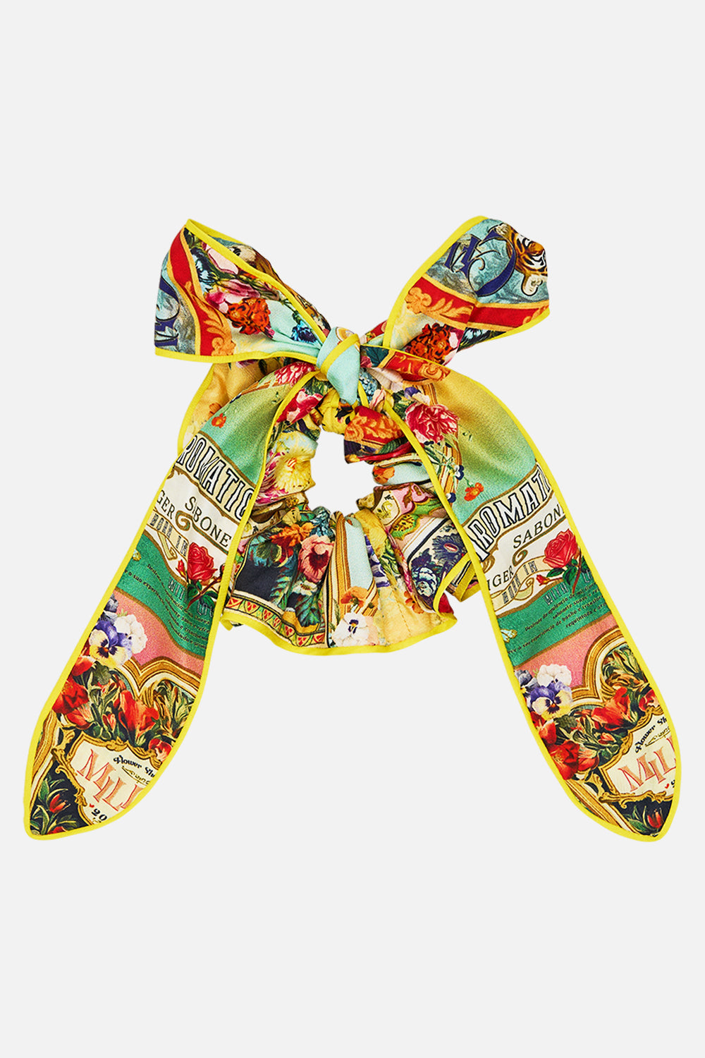 The CAMILLA Scrunchie With Bow in our Aromatic Tiger Flower print.