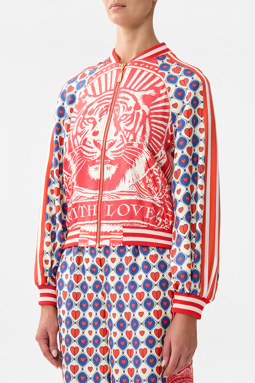 The CAMILLA Panelled Sleeve Blouson Bomber in our Rinse & Roar print.