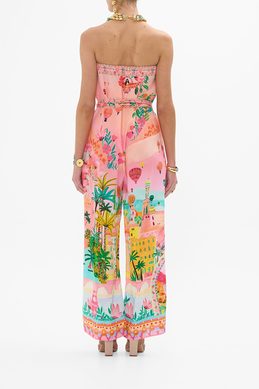 CAMILLA Tie Waist Strapless Jumpsuit in Sister Sunset print.