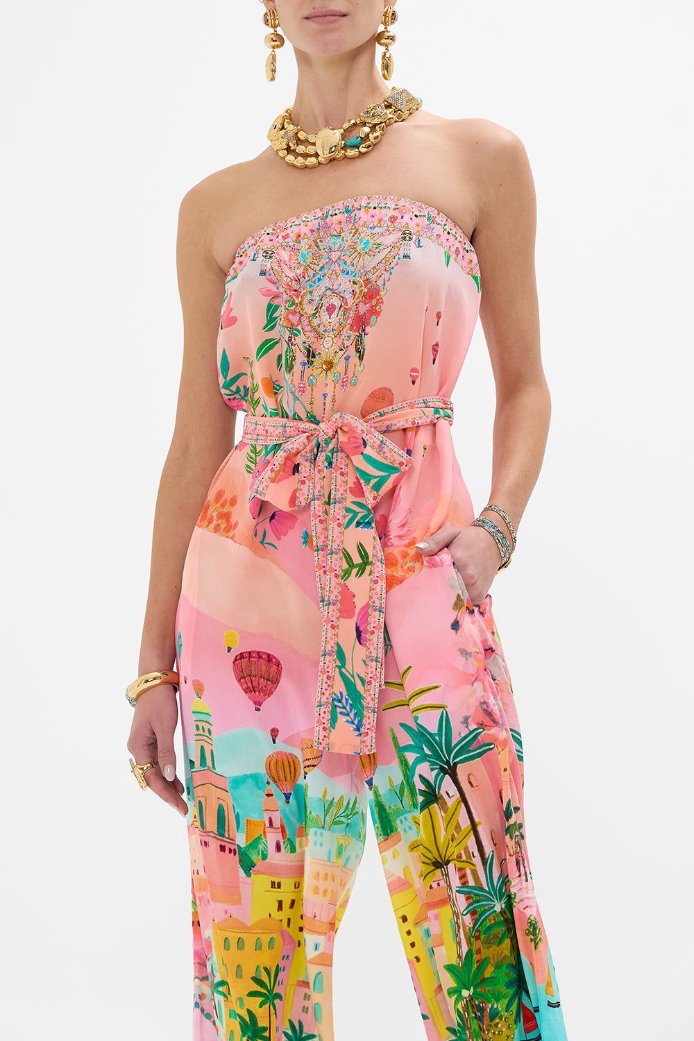CAMILLA Tie Waist Strapless Jumpsuit in Sister Sunset print.
