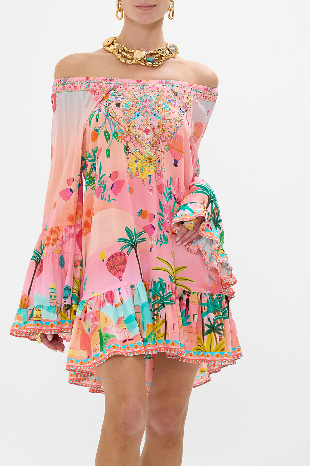 CAMILLA A line frill dress in Sister Sunset print.