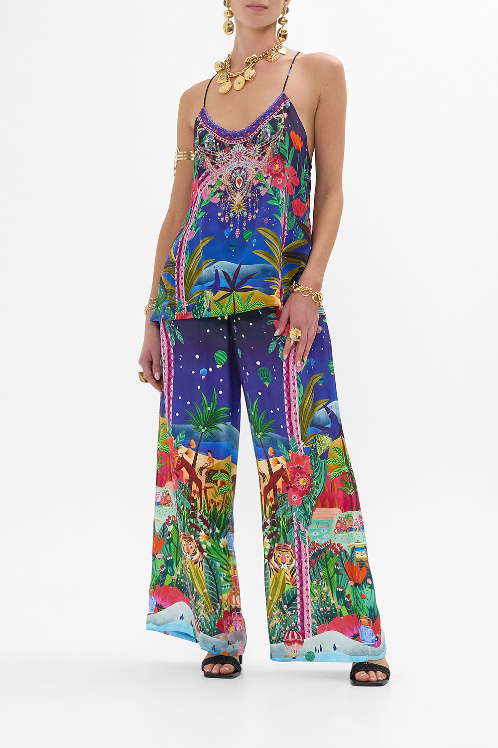 CAMILA T Back Shoestring Top in Midnight Muses print.