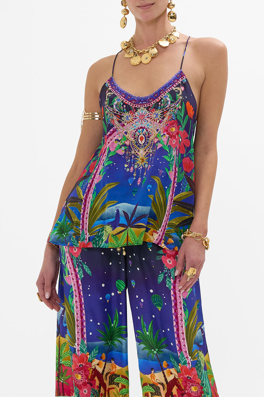 CAMILA T Back Shoestring Top in Midnight Muses print.