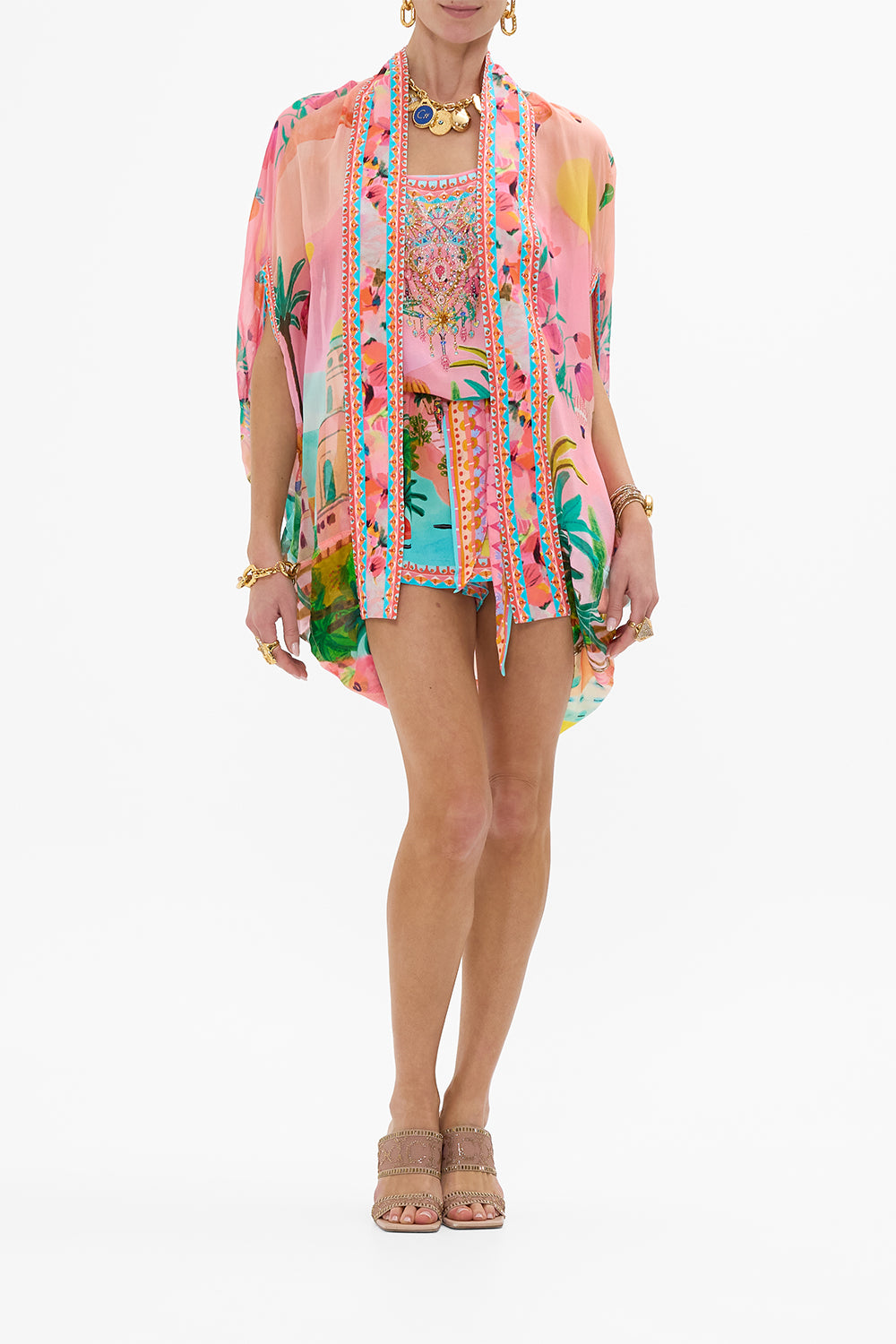 CAMILLA Open Front Cardi Cape in Sister Sunset print