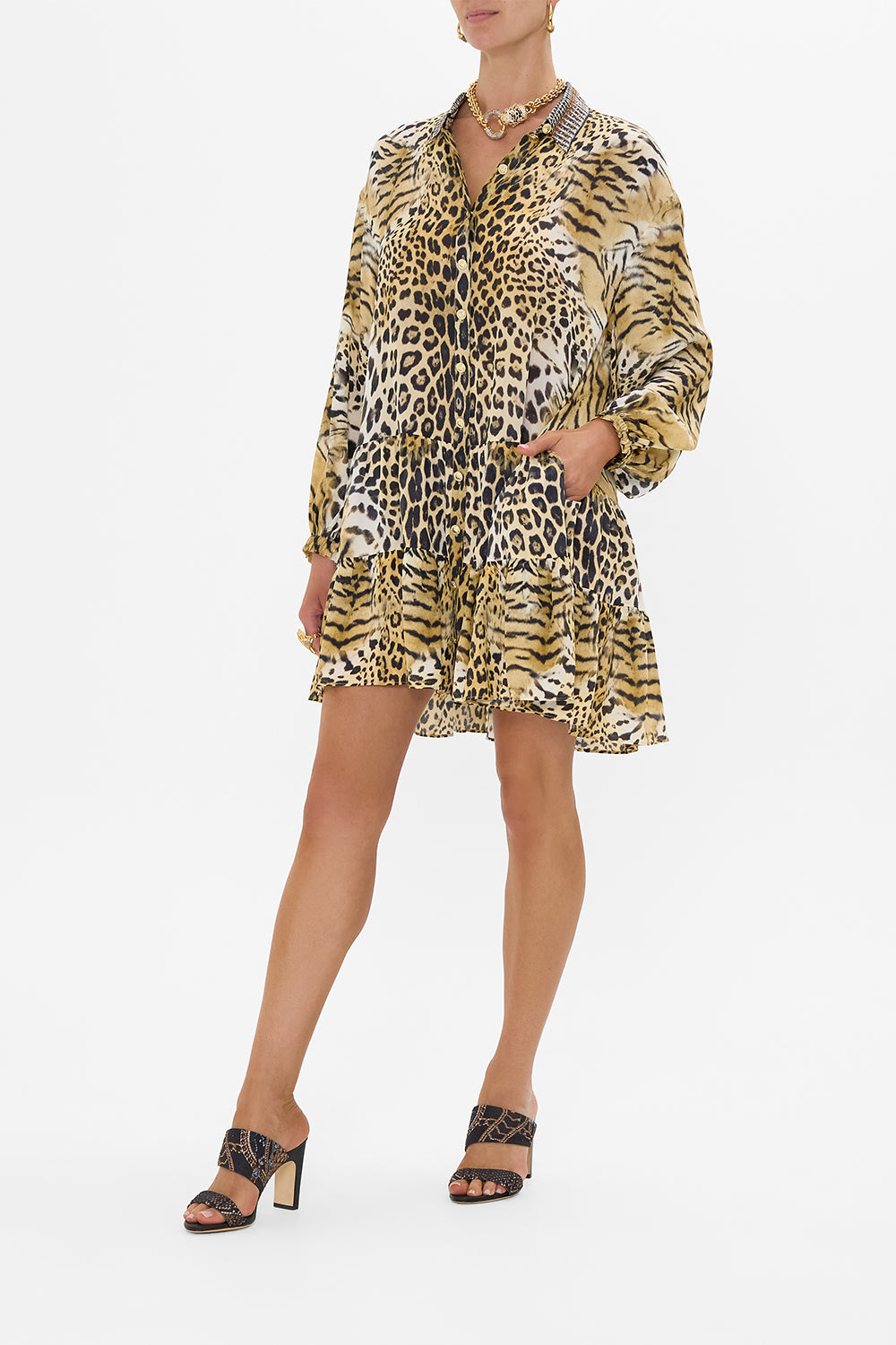 LONG SLEEVE TIERED SHORT DRESS JAGUAR