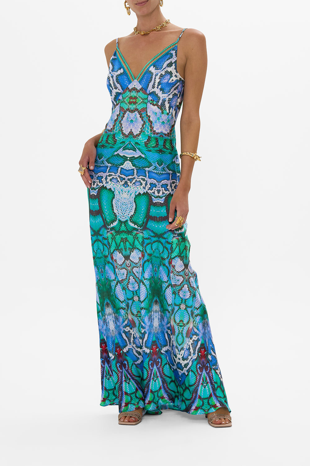 CAMILLA V Neck Long Bias Slip Dress With Train in Land Of Wonder print