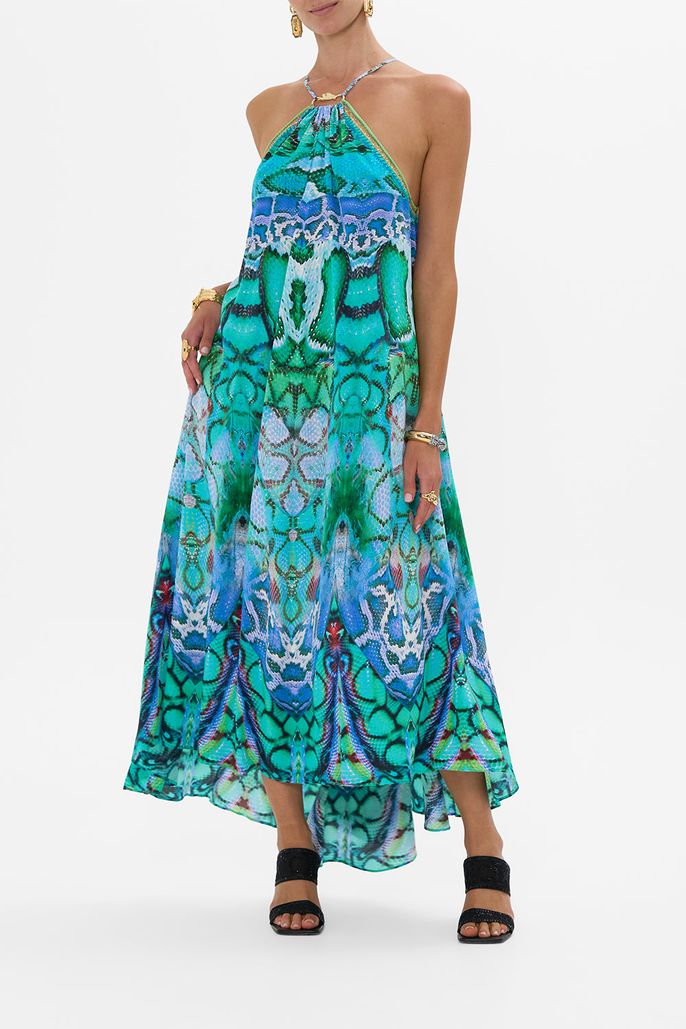 CAMILLA Gather Neck Hardware Maxi Dress in Land Of Wonder print