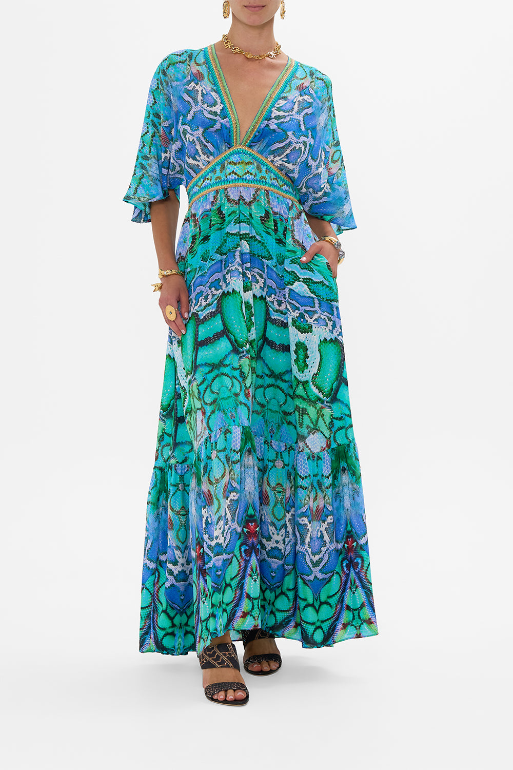 CAMILLA Waisted Dress With Hem Ruffle in Land Of Wonder print